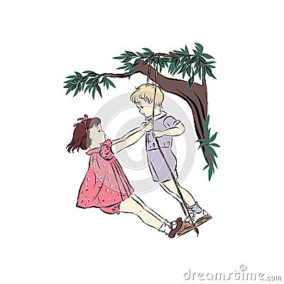 Boy and girl swing on a swing Vector Illustration